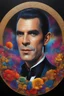 Placeholder: Count Dracula's face inside a small gold circle, Henry Cavill/Leonard Nimoy/Michael Jackson, multicolored, large, Floral/rainbow designs, atmospheric, beautiful, bright, vibrant colors, pitch-black background, oil painting by Boris Vallejo, 4k UHD, Photorealistic, professional quality