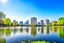 Placeholder: Sunny day, distant modern city, lake, lake reflections, people