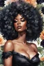 Placeholder: Create an watercolor image of a curvy black female wearing a black off the shoulder blouse and she is looking down with Prominent makeup. Highly detailed tightly curly black afro. Background of large black flowers surrounding her