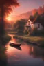 Placeholder: A charming villa by the river, crimson sunset, a lone rowboat