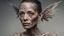 Placeholder: Woman Body: torn Skin: heavily tattooed Extremities: emaciated Face: wrinkled Hair: oily Eyes: hazel Nose: straight Mouth: small lower lips Height: towering Supernatural trait: wings