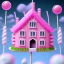 Placeholder: haunted cotton pink candy house with lollipops and cake monsters