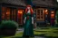 Placeholder: Full body shot of a tall slim pretty, red-headed young female witch, casting magical glowing symbols into the air, dressed in a long flowing green dress, standing in front of a row of cottages and shops with thatched roofs