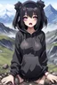 Placeholder: Closeup anime women goth with big eyes, fullbody, ragged clothes, slime, the perspective looking down, rolling eyes, tongue out, open mouth, croppedhoodie, underboob, mountainous horizon, 1girl, bangs, black hair, blind, grey eyes, hair between eyes, hair bun, hairband, short hair, mud drip, cropped hoodie underboob, cropped hoodieunderboobhoodie