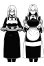 Placeholder: waitress carries tray with glasses in a cafe bar, line arts, greyscale