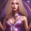 Placeholder: alluring slim witch of darkness in tight purple dress with very long brown hair and blonde bangs