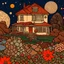 Placeholder: Colourful, peaceful, Egon Schiele, Max Ernst, René Magritte, house, night sky filled with galaxies, planets, stars, rocks, trees, flowers, one-line drawing, sharp focus, 8k, deep 3d field, intricate, ornate