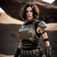 Placeholder: beautiful sexy caucasian female soldier, black metal body and limbs, visible cybernetic limbs, scratched sand camo, no armor, short brunette wavy bob haircut, dystopian, desert scene