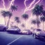 Placeholder: 1980's aesthetic vaporwave palm trees and spheres and Porsche with lightning