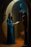 Placeholder: 1970's dark medieval fantasy cover dnd style oil painting of a woman in a videocall with a minimalist far perspective.