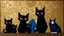 Placeholder: create six stylized angular cats in various sizes, arranged against an ornate, textured background with swirling mosaic-like gold and bronze patterns. Glowing amber/yellow eyes contrast with their dark bodies — one large black cat, one blue-tinted cat, smaller cats in indigo and charcoal tones, one with a white face. Modern geometric style, simplified shapes. Background inspired by Byzantine art and stained glass, intricate metallic textures. Decorative, elegant, luminous atmosphere --ar 3:2 --v