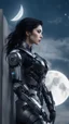 Placeholder: Fantasy Photo Of A Woman With Black Hair, Wearing A robot-looking suit, standing sideways On A Ledge of a building, With A waning moon Behind Her Head