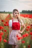 Placeholder: Beautiful russian girl, blonde hair, bold lipstick, flower field, braided bangs, braided bobcut, solo, apron,thick thighs, side-tie panties, black hair, 18yo,(on back:1.2) ,red dress, portrait