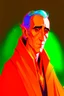 Placeholder: A portrait of Christopher Lee in his thirties as an elf mage, dressed in an expensive orange medieval shirt, in the style of Genndy Tartakovsky, long pointy elven ears, dark background