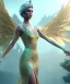 Placeholder: A crystalised queen, atmospheric, realistic, unreal engine, cinematic lighting, octane render, transparent long dress, blonde, full body, wings