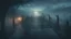 Placeholder: walking straight ahead over a wooden bridge, holding the angel of death with your right hand, entering the fog at the end of the road that leads to the afterlife, and a beautiful sunset and galaxy's behind the fog, realistic