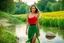 Placeholder: shot from front ,green field and wild flower field ,(A German beauty , with a melon seed face and wearing a red camisole skirt. She has a slender figure, beautiful makeup,very nice eyes looking around and elegant temperament walking and whisppering a song with emotions in water toward camera in trees next to wavy river with clear water and nice sands in floor.camera capture from her full body front, spring blosom walking to camera ,wild flowers moving in the wind ,blue sky,moving pretty clouds ,