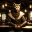 Placeholder: A distressed male khajiit from Skyrim dressed in rags with brown spotted fur in a medieval fantasy tavern