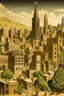 Placeholder: A brown city with tall buildings designed in native American petroglyphs painted by Diego Rivera