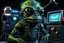 Placeholder: scifi wifi dystopian thrilling tale of interplanetary cognitive espionage & global mental surveillance. depicted in keeping with the facility of visual comprehension & style of vintage 1959 popular mechanics pictorial. our hero: bejeweled royal amphibious humanoid King Pepe the frogman. blockbuster film still. deep focus. high contrast shadowy studio lighting