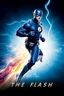Placeholder: 1/4 side view, looking at the viewer, Movie Poster - "THE FLASH" - A massive, thick, extremely muscular, 7'8" tall man, ((skintight, formfitting, long-sleeved, Blue spandex bodysuit:1.5)), ((Silver knee-high boots:1.5)), ((Silver wrist gauntlets, blue fingerless gloves, silver, double holstered utility belt:1.5)), ((skintight, formfitting, blue spandex helmet with blue eye disguise,:1.5)), Running, multicolored lightning emanating from his body, an overly exaggerated muscular stature