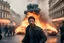 Placeholder: A hiper-realistic medium HD photo of Shia La Beouf, in a war fighting scene in Piccadilly Circus, cars in flames, fires, running people, kill, destruction, explosion, cristopher Nolan movie style