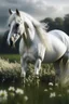 Placeholder: a beautiful white horse with a long wavy mane walks in a blooming meadow,full height, photorealism, surrealism, beautiful landscape,clear lines, drawing small details with a pen, aesthetically pleasing, beautiful, realistic, professional photo, 4k, high resolution, high detail, 1/250s, pixel graphics, bright lighting