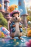 Placeholder: plexi glass tower, portrait cute fluffy toy wolly squirrel with berret in a water slide holding weird flowers in his trunk in the style of pixar, on a strange planet with weird colors and wind turbines, bokeh like f/0.8, tilt-shift lens 8k, high detail, smooth render, down-light, unreal engine, prize winning