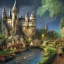 Placeholder: A magical gothic canal little town of wizards, witches and warlocks with a castle and huge caravan houses Nick Harris style