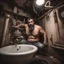 Placeholder: close up shot photography, ugly wet arab beefy plumber repairs boiler, burly, shirtless, hairy allover, manly chest, short beard, 42 years old, dressed in broken dirty boxer, big thighs, seen from below, frontal view, ambient occlusion, side light