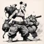 Placeholder: [traditional Chinese brush, expressive line, ink washes] Tank Girl with Bebop and Rocksteady: This body finds pleasure in his movement wish to walk with my head so high my shoulders back bum carefully encasing the head of my femur, wish my body to move like my trainer's.