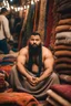 Placeholder: close up photography of a burly chubby muscular strong 24-year-old marocan man in Istanbul bazaar, shirtless, long beard, selling carpets sitting on a pile of carpets, big shoulders, manly chest, very hairy, side light, view from the ground