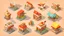 Placeholder: illustration for game. 30 miniature restaurants per block as a city. vector isometric 3d style. HD.