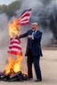 Placeholder: donald trump lights the american flag on fire while maniacally laughing