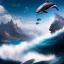 Placeholder: mountains vawy sea with a big dolphin jump out of water, nikon photo, cyberpunk lighting