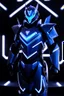 Placeholder: neon blue, floating parts of armor in form triangle of light orbiting behind the back, cyber armor, geometric patterns on armor, male, orbiting triangle