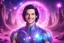 Placeholder: cosmic bionic beautiful men, smiling, with light blue eyes and straight blu dark hair in a magic extraterrestrial landscape with pink fairy forest stars and bright beam
