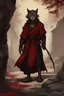 Placeholder: Male khajiit with grey fur and Hazel eyes wearing blood red and black robes in a fantasy setting, sorcerer of death