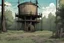 Placeholder: water tower, forest, wood fence, post-apocalypse, front view, street, comic book, cartoon