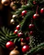 Placeholder: coloring pages: A close-up with blurry background of a traditional Christmas tree decorated with strings of cranberries, pinecones, and rustic wooden ornaments.