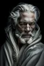 Placeholder: a photo of an White man with ethnic jewelry, grey hair and grey flowing robe, in style of Annie Leibovitz, contemporary portrait of a mature yet beautiful and modernist man, black and grey, detailed masculine face, swirling fluid smokey enigma, award-winning artwork