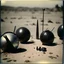 Placeholder: Odd spindle-shaped objects scattered over an arid surface, nothingness, close-up, polaroid, in Yves Tanguy style, nightmare