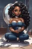 Placeholder: Create a futurism magna art of a black chibi curvy female sitting on the floor looking at herself in a hand mirror. She is wearing tight blue jeans and a black off the shoulder blouse. Prominent make up with lush lashes. Highly detailed long wavy hair. She is also wearing silver large hoop earringsart of a black chibi curvy female sitting on the floor looking at her cell phone. She is wearing tight blue jeans and a black off the shoulder blouse. Prominent make up with lush lashes.