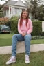 Placeholder: Sherrie Sue Engellant, a stacked, ((well-endowed:1.5)) 18-year-old girl with Long, auburn red-brown hair cornrow style, sea-green eyes, sitting in her front yard wearing a pink, knit, turtleneck sweater, blue jeans, black converse sneakers, a sly, clever grin on her face, (plump, full, pouty lips) ,