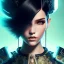 Placeholder: Rosalía, Cyborg anime samurai, cyberpunk, light black hair, pixie hairstyle, cobalt eyes, waist up portrait, 8k resolution, retroanime, intricate details, neon details, soft lighting, vibrant colors, masterpiece, intricate eyeliner, dark eyeshadow, eyes, intricate tattoos, gradient background