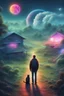 Placeholder: 500,000,000 years in the future after Aliens invaded earth, A man, a cat, a horse, a tree, a house, a barn, a dog, a mountain range, a moon, fog, mist, trees, this picture is colorful, Having Secks in the backyard, Cosmic clouds, neon cityscape, Tron Motorcycles, planets, moons, stars, cosmic vortex, bright red, every color in the rainbow, 4k, 8k, 16k, 32k. 100k UHD, extremely detailed skin texture, hyper-realistic, photorealistic, Realism Engine,