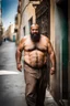 Placeholder: close up photography of an ugly 40 year old stocky big robust burly marocan giant, wearing his work pants, shirtless, leaning with his back on the wall, crossing arms, dirty, sweat, wet, ajar mouth, hairy chest, , very virile, short beard, shaved hair,, , in a sunny street, photorealistic , frontal view from the ground