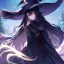 Placeholder: Clear focus,High resolution, black long fluffy hair, long fluffy bangs, purple eyes, wearing a witch outfit