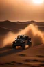 Placeholder: Imaginez une voiture Jeep roule dans un désert au tempête de sable sur le crépuscule.