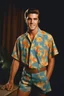 Placeholder: full color Portrait of 18-year-old prude Elvis Presley with medium length bob-styled blonde hair, wearing a Hawaiian shirt and bermuda shorts- well-lit, UHD, 1080p, professional quality, 35mm photograph by Scott Kendall